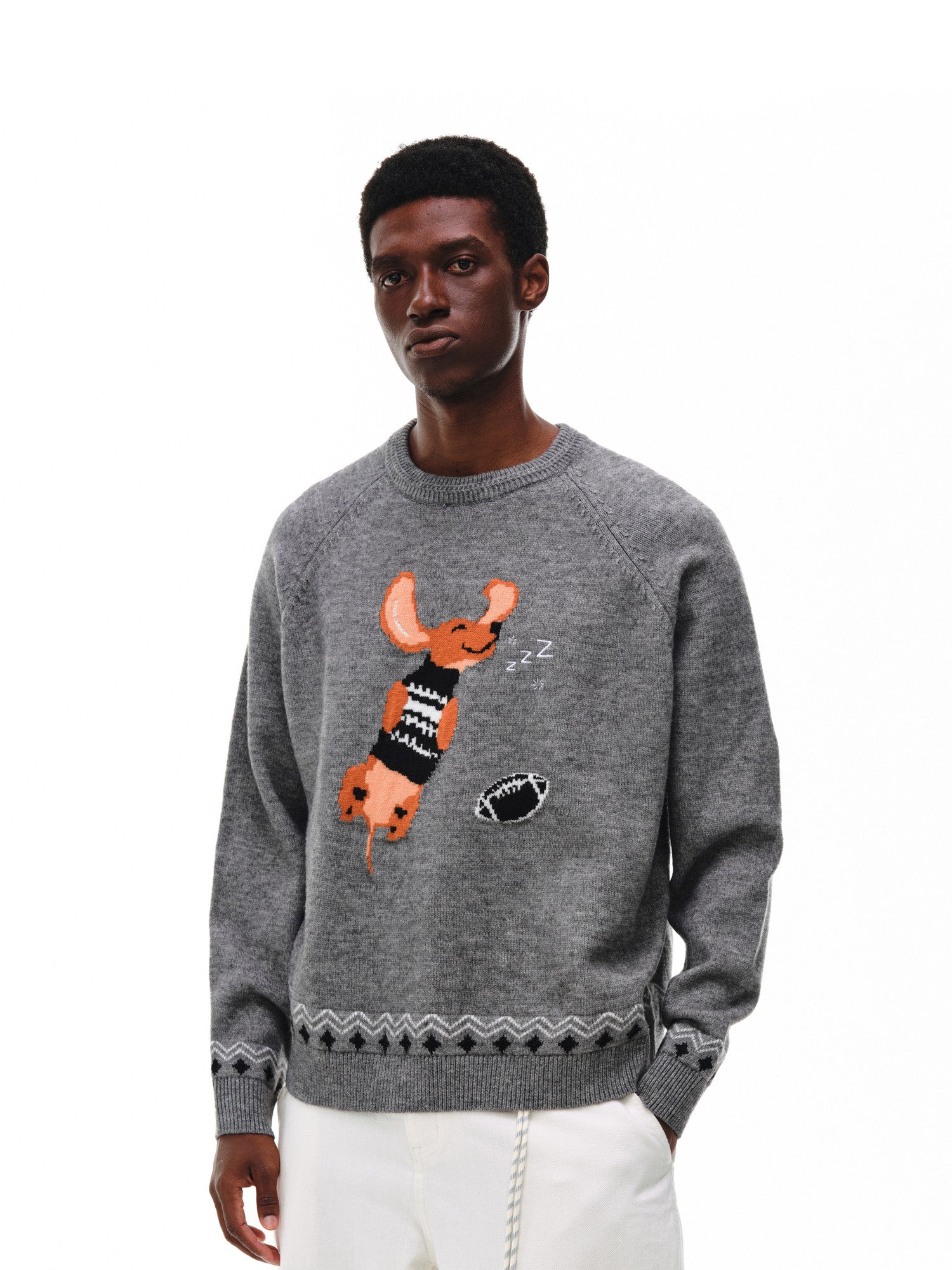 FPA Fair Isle Sleeping Dog Jacquard Crew Neck Sweater – Chinese Streetwear Couple Inner Layer Pullover Autumn/Winter Knit Top