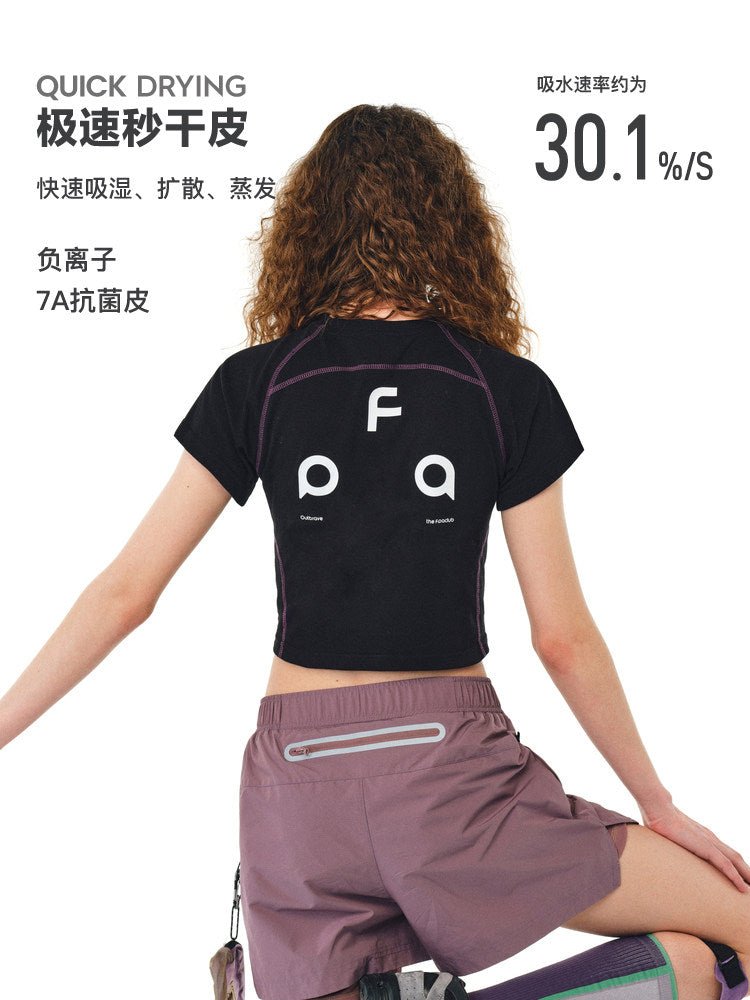 FPA Sports Hasu Line 7A Antibacterial Logo Short Sleeve Summer T-Shirt for Women, Trendy Cropped Slim Fit Crew Neck