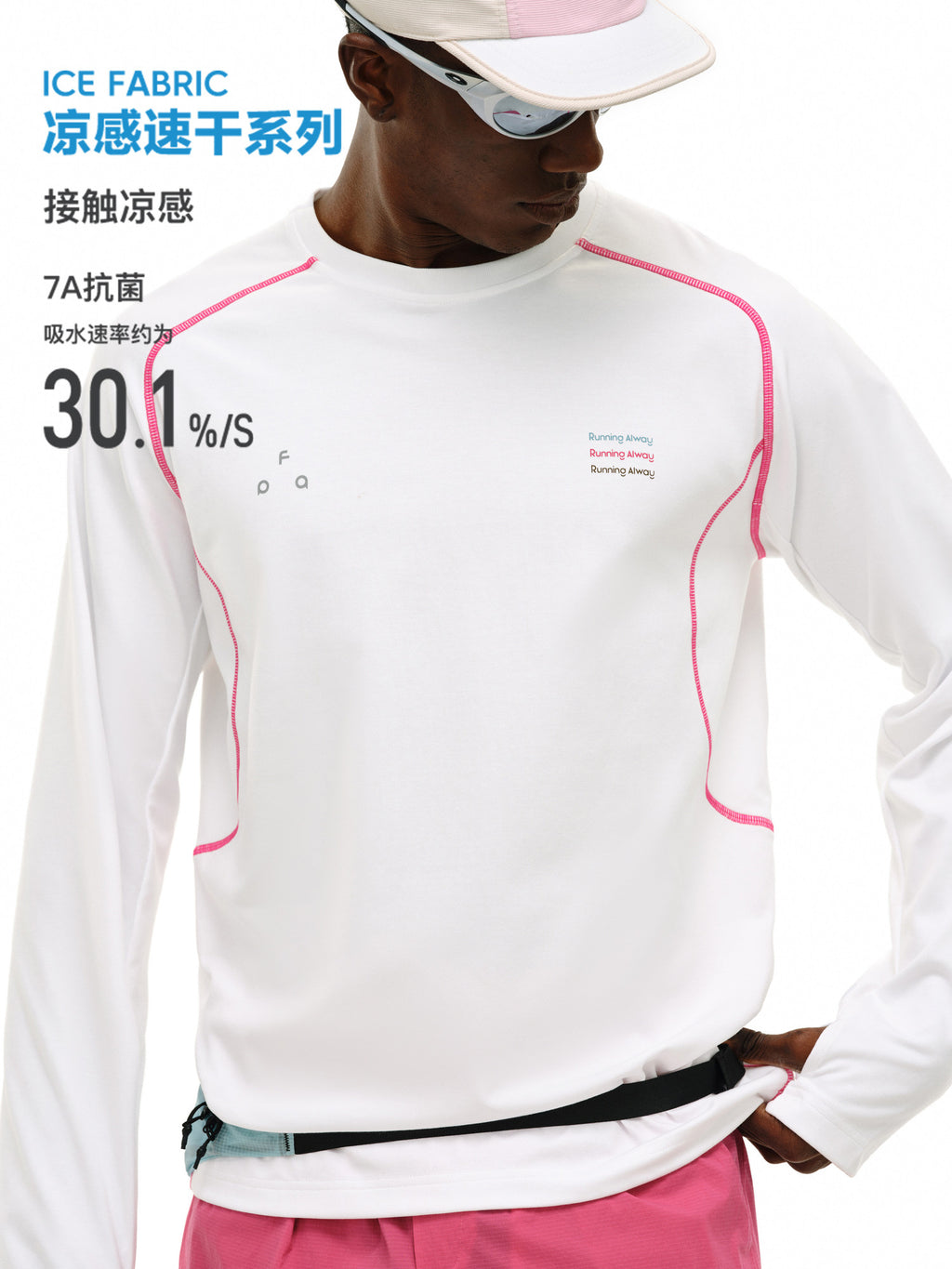 FPA Cool-Touch Quick-Dry 7A Antibacterial Sports T-Shirt, Outdoor Crew Neck Contrast Stitch Spring Couple White Long Sleeve Men
