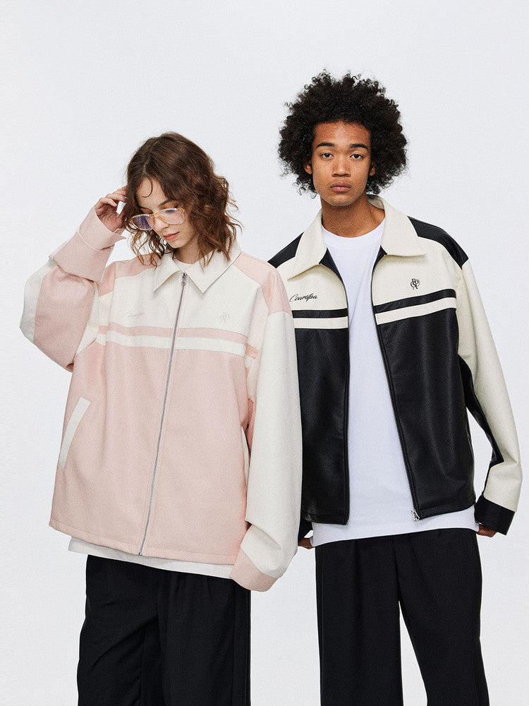 FPA Short Embroidered Letter Leather Jacket Autumn Streetwear Trendy Turn-Down Collar Motorcycle Couple Jacket for Men