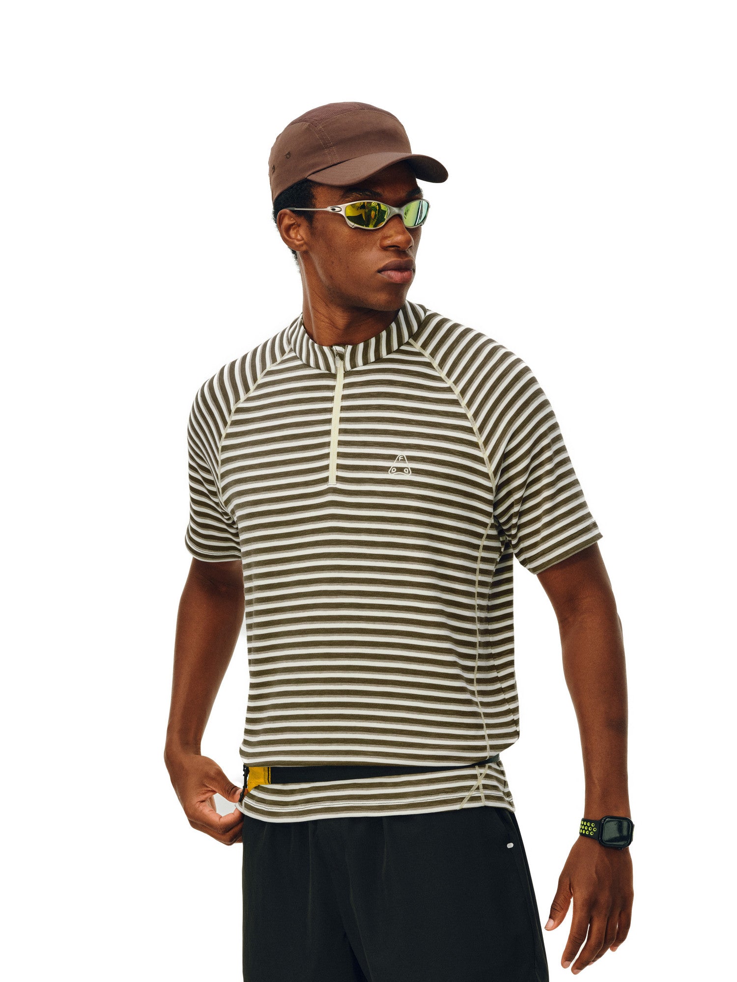 FPA Sports Knit Striped Short Sleeve T-Shirt with Contrast Half-Zip and Hacci Line, Casual Couple Style Summer Tee for Men