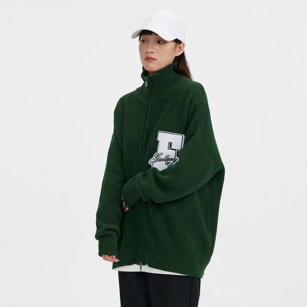 FPA Embroidered High-Neck Sweater - Chinese Streetwear Couple's Autumn/Winter Thick Knit Cardigan Jacket for Men