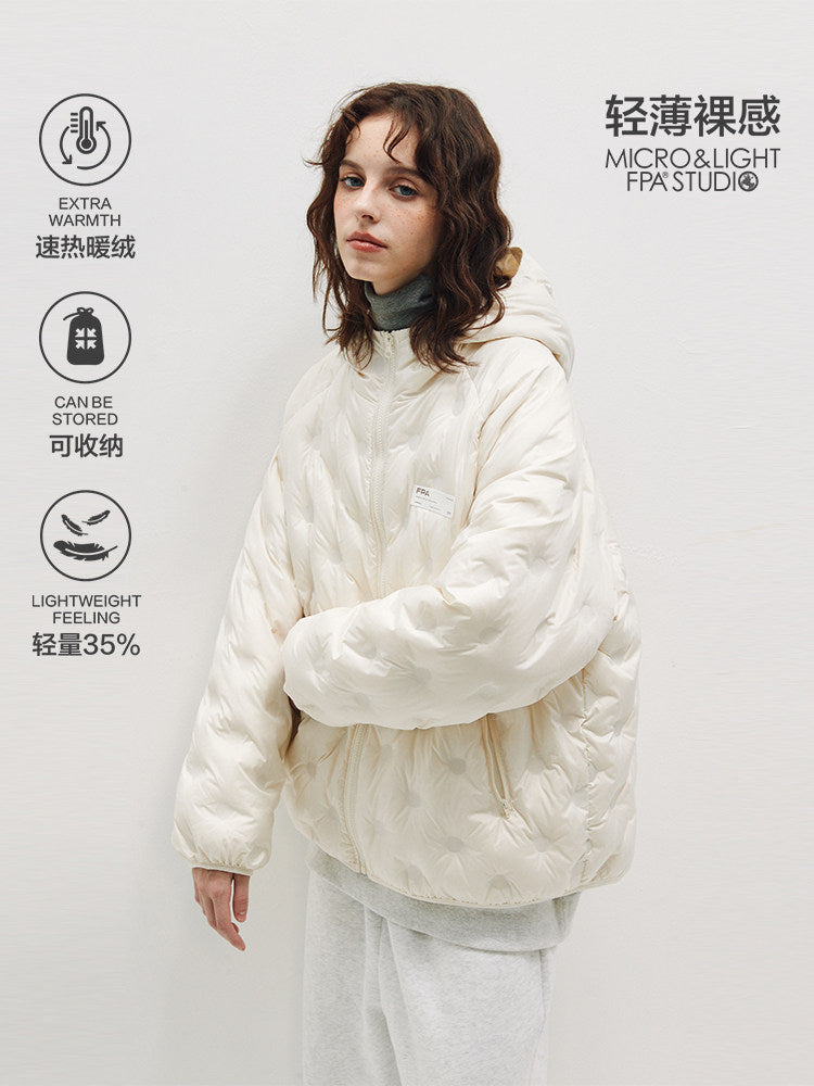 Lightweight 90% White Duck Down FPA Embossed Hooded Down Jacket, Chinese Streetwear Autumn/Winter Coat