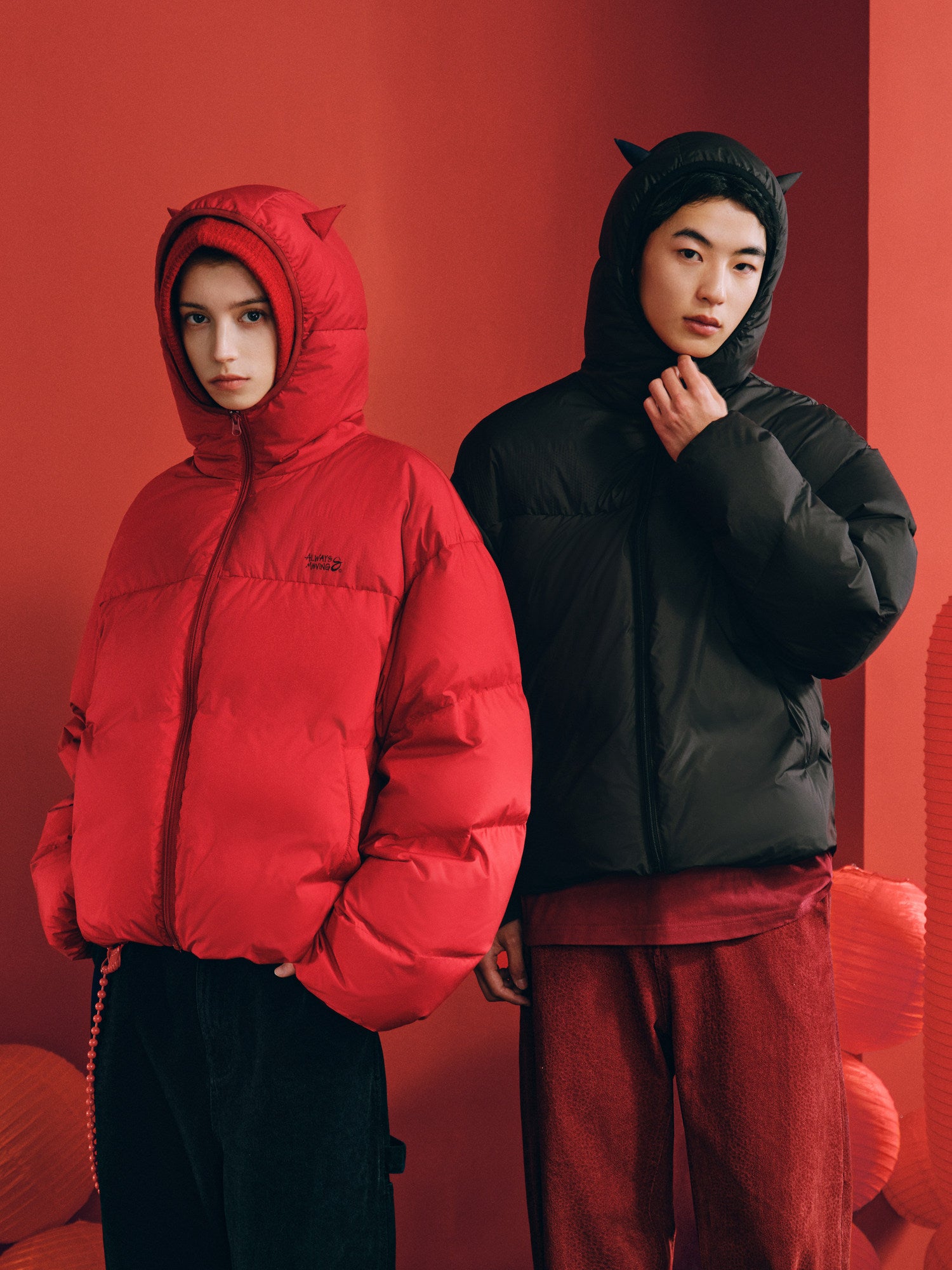 FPA Textured Hooded Down Jacket – Chinese New Year Red Couple Winter Coat