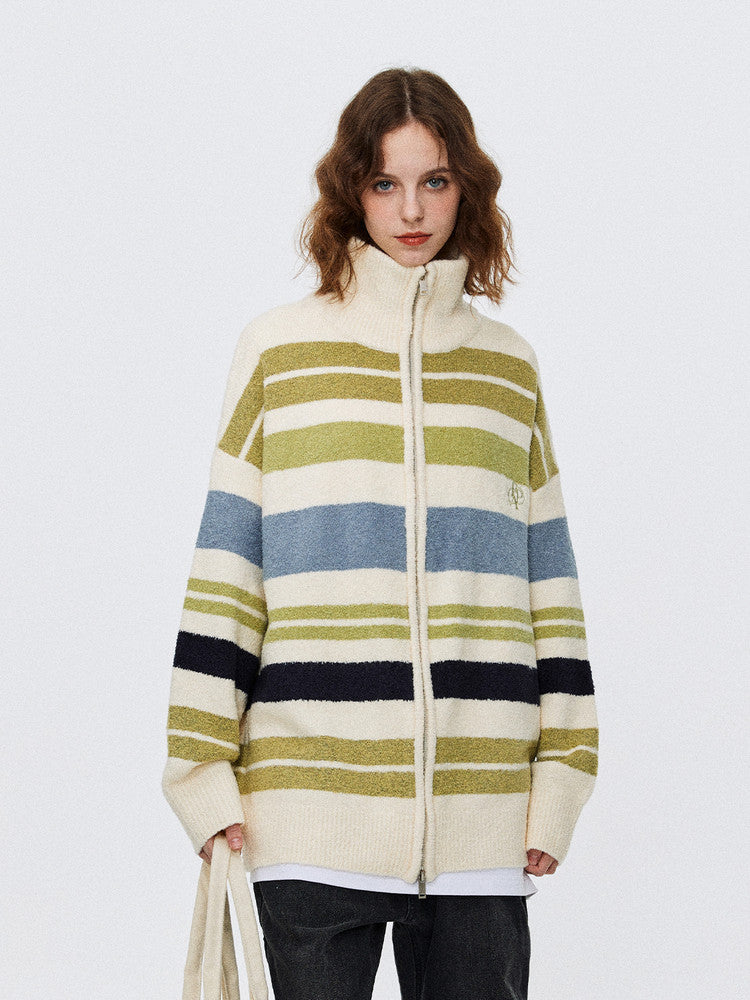 FPA Striped Contrast Color Cardigan Sweater Autumn Double Zipper Chinese Street Style Loose Casual Relaxed High Collar Coat