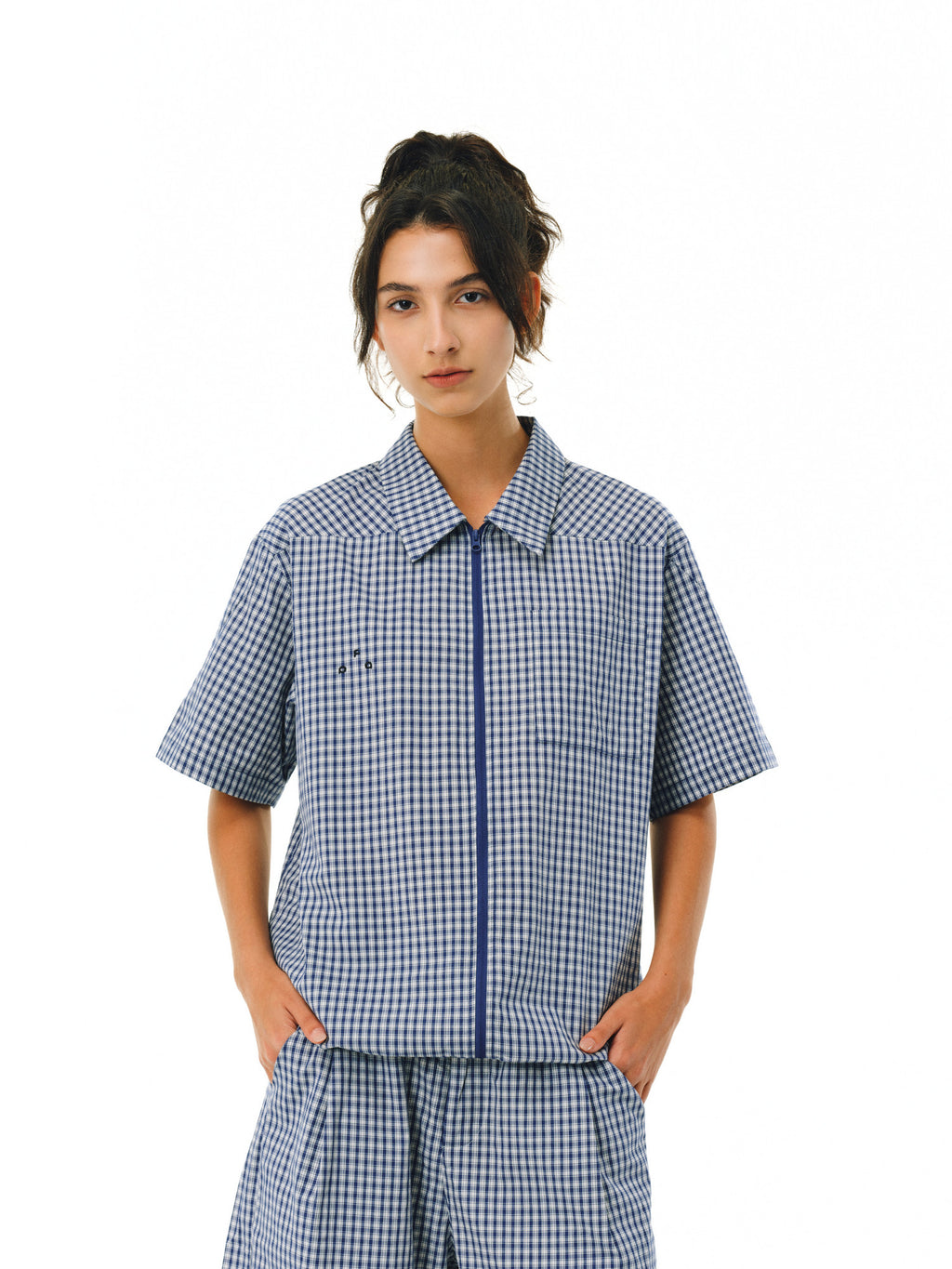 FPA Casual Plaid Embroidered Logo Short-Sleeve Shirt – Unisex Loose Fit Zip-Up Summer Camp Collar Shirt