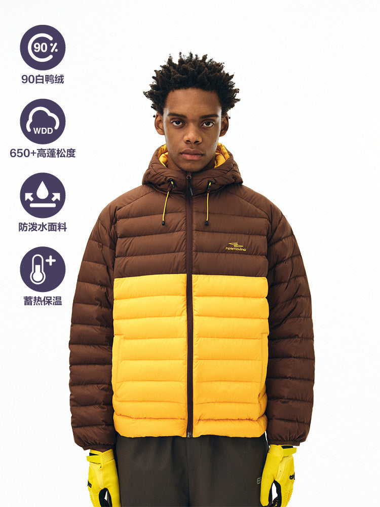 FPA Three-Proof Color-Blocking Lightweight Hooded Down Jacket with 90% White Duck Down, American Retro Autumn/Winter Patchwork Down Coat