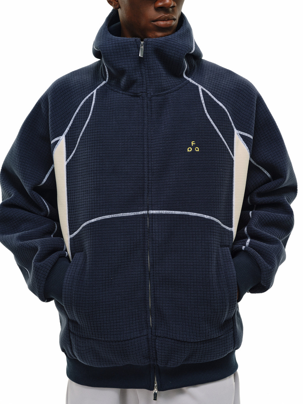 FPA Color-Block Contrast Stitch Grid Fleece Zip-Up Hoodie – Relaxed Retro Sweatshirt for Spring