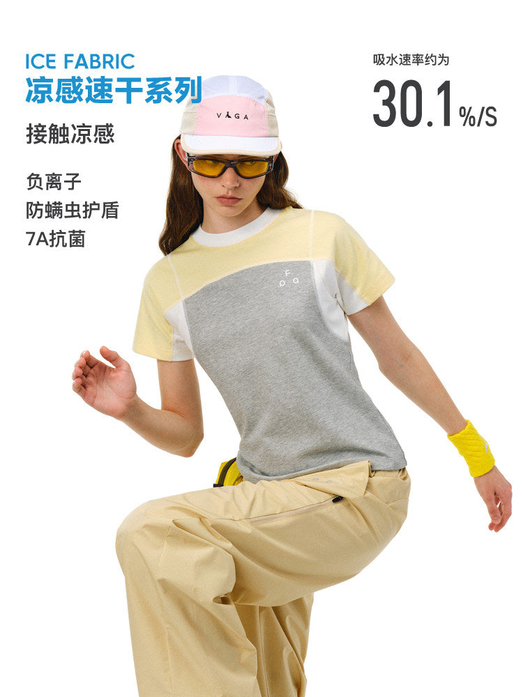 FPA Cool-Touch Quick-Dry 7A Antibacterial Anti-Dust Mite Raglan Sleeve T-Shirt, Summer Casual Contrast Color Slim Fit Women's Tee