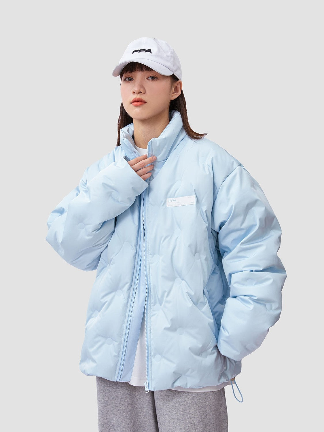 FPA Light Blue Quilted Diamond Pattern Down Jacket – Chinese Streetwear Brand Winter Thickened Short Couple Down Coat for Men