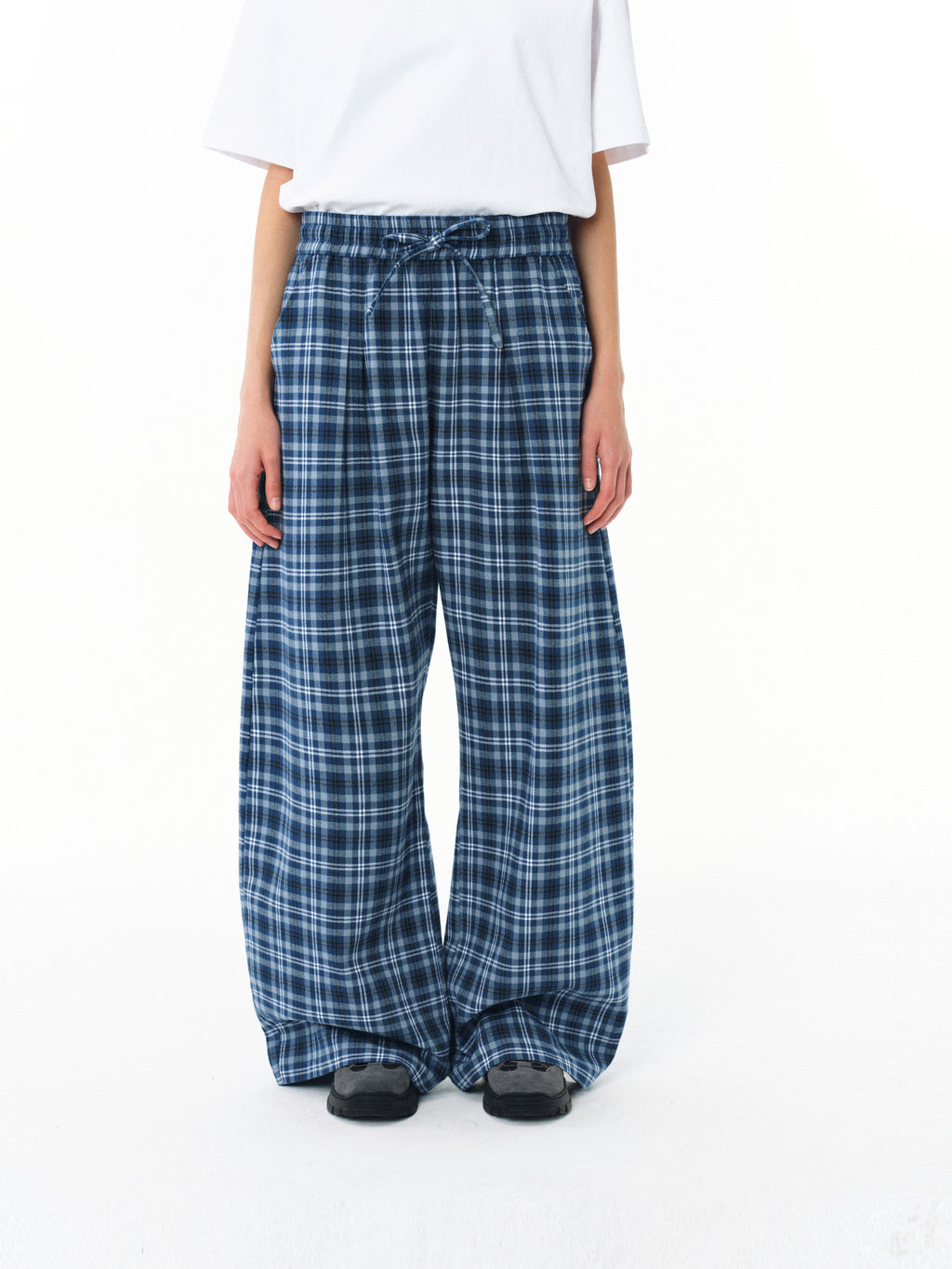 FPA A-Line Wide-Leg Plaid Casual Pants – Chinese Streetwear Trend, Loose-Fit Blue Long Pants