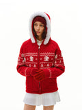 FPA Christmas Fur Collar Dog Fair Isle Cable Knit Hooded Sweater 2026 New Fall/Winter Red Knitwear