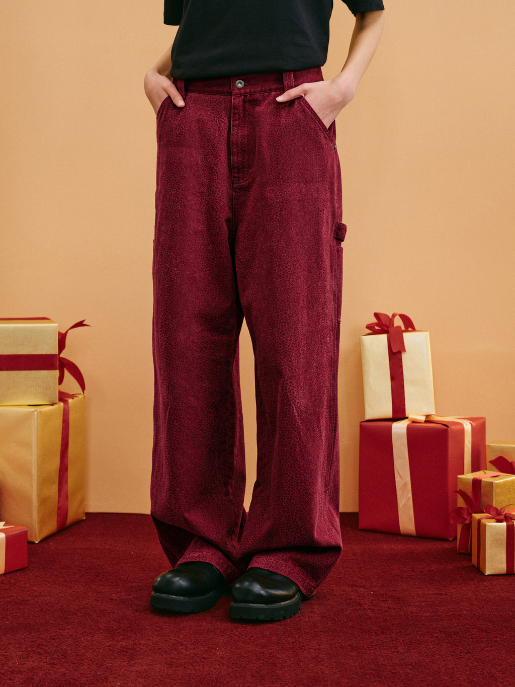 FPA Snake Year Limited Edition Snake Texture Washed Carpenter Pants - Wine Red Loose Wide-Leg Trousers for Ben Ming Nian
