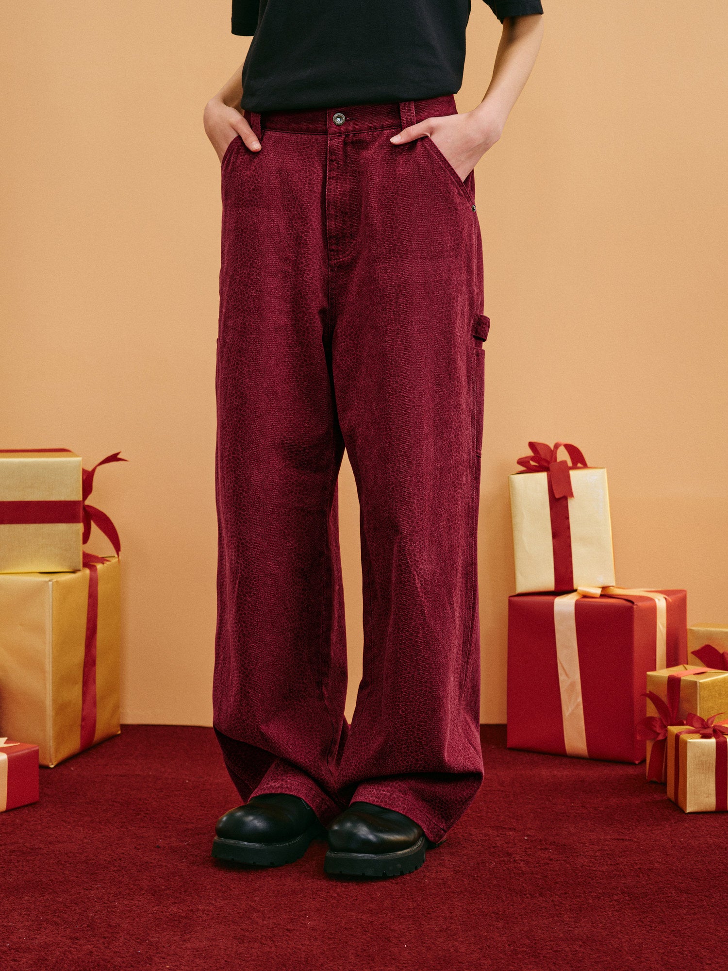 FPA Snake Year Limited Edition Snake Texture Washed Carpenter Pants - Wine Red Loose Wide-Leg Trousers for Ben Ming Nian
