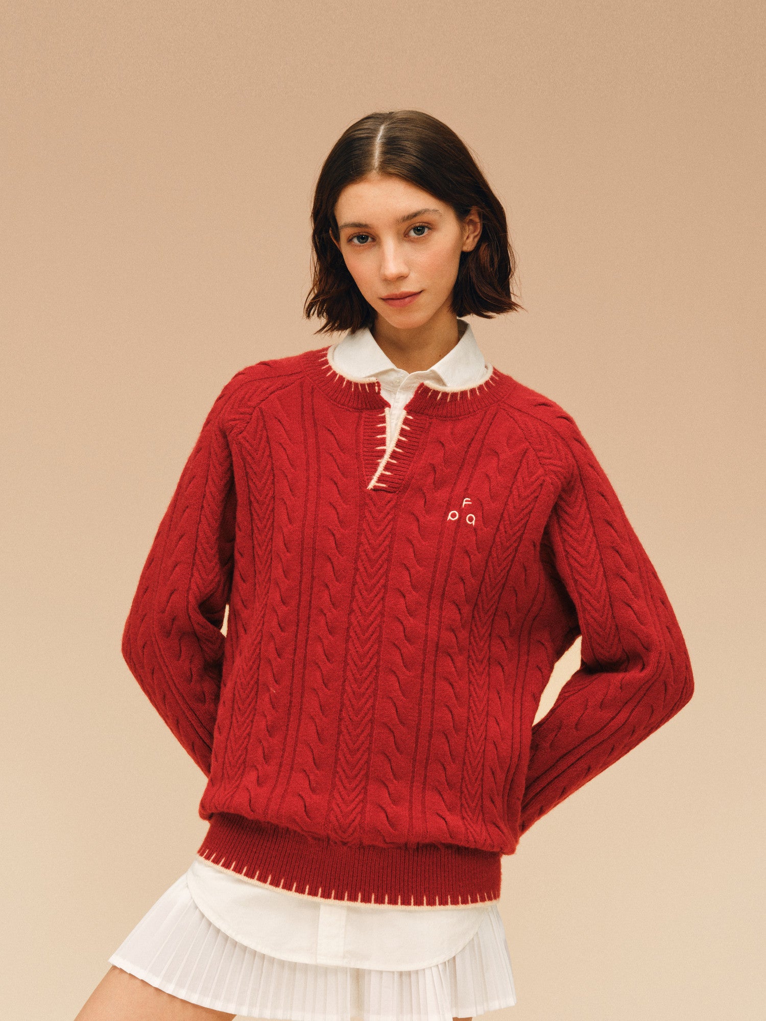 FPA Henry Neck Casual Pullover Sweater, Chinese New Year Contrast Color V-Neck Red Knit Top