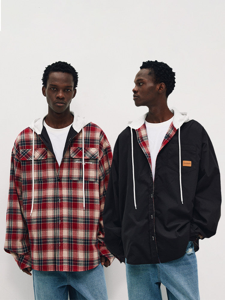 FPA Plaid Reversible Hooded Long-Sleeve Shirt - Chinese Streetwear Trend, Loose Fit Casual Jacket for Men, Spring/Autumn