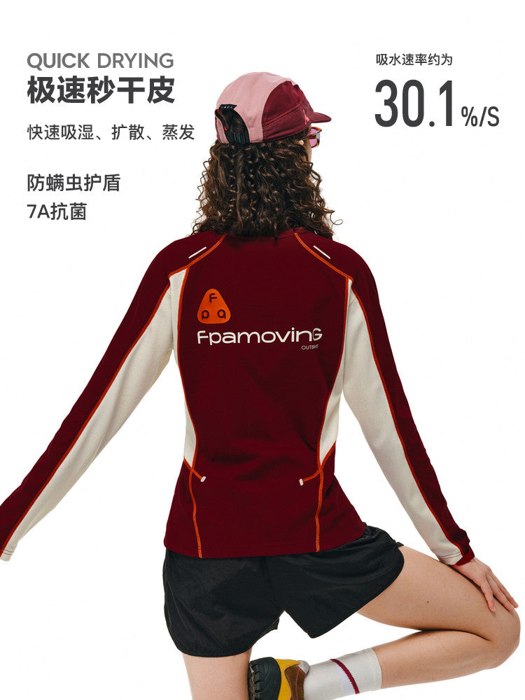 FPA Quick-Dry 7A Antibacterial Anti-Mite Paneled Women's Long-Sleeve T-Shirt, Chinese Style, Round Neck, Contrast Color, Wine Red