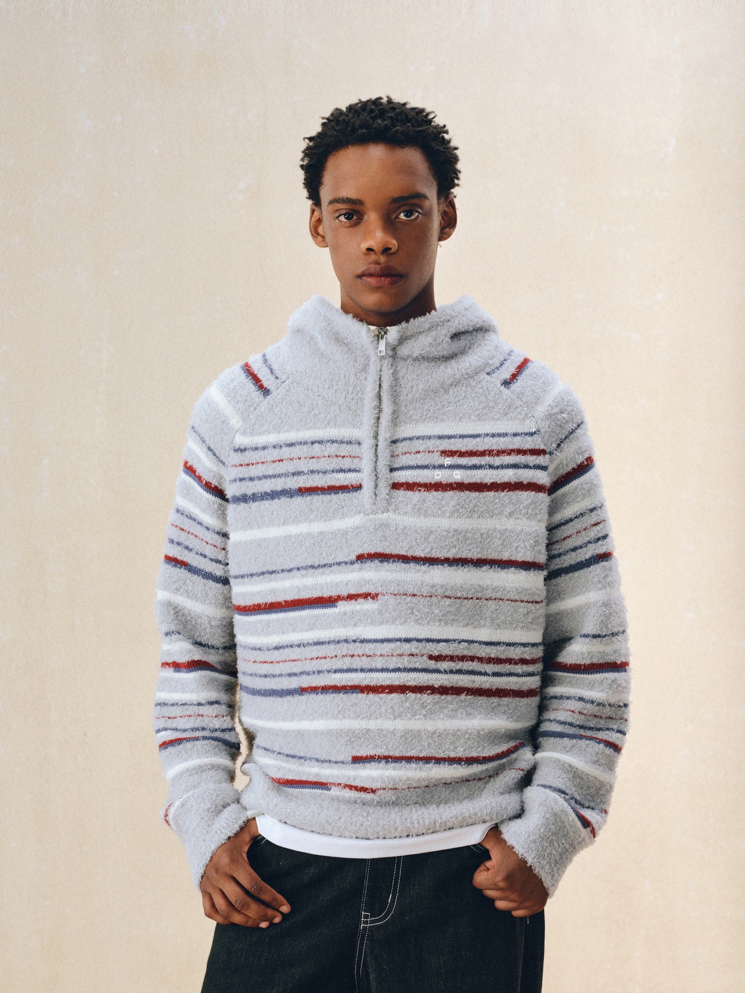 FPA Color-Block Half-Zip Pullover Persian Curl Knit Sweater - Casual Striped Hooded Knit Top for Couples, Autumn