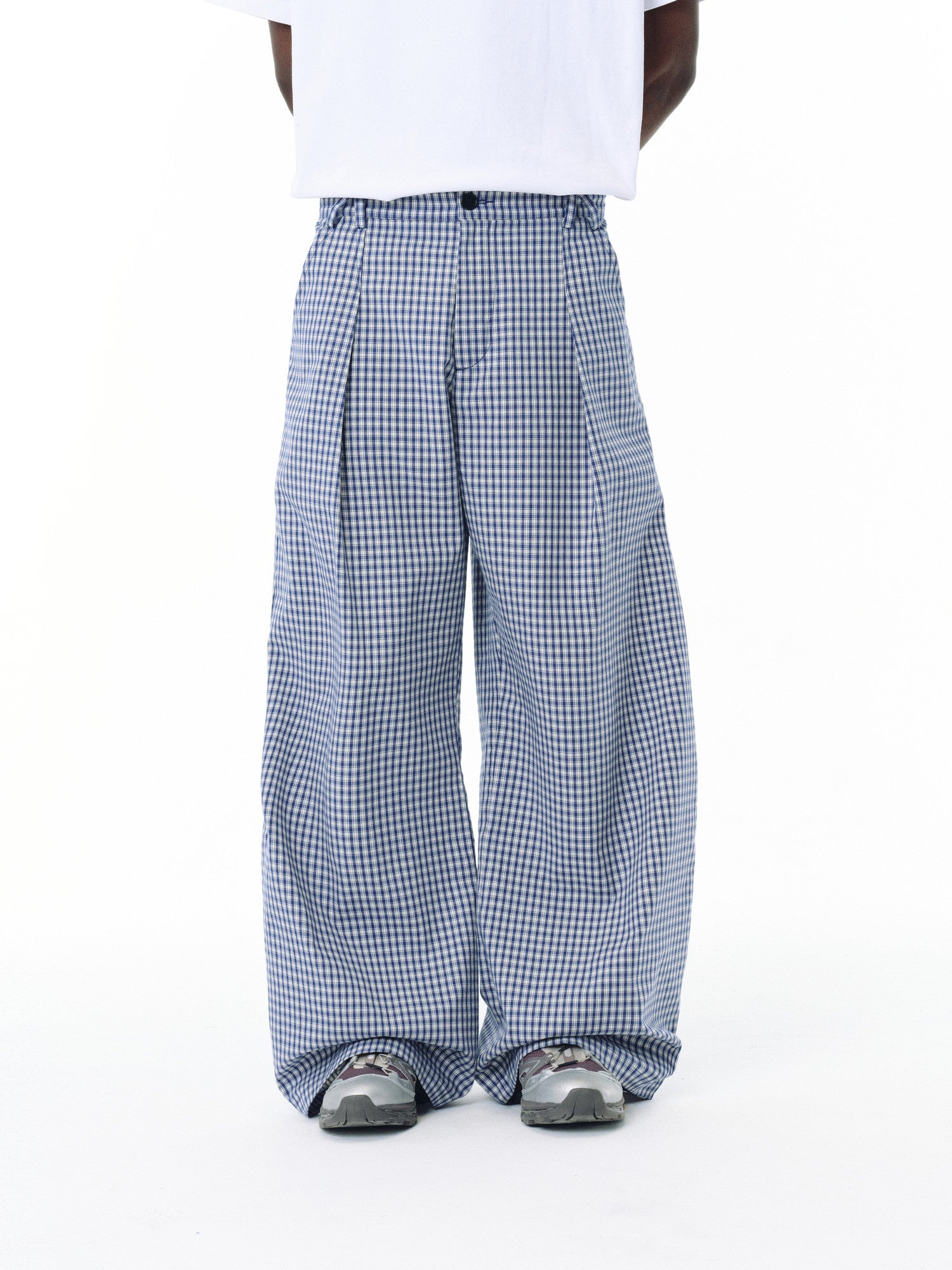 FPA Urban Sports Curved Blade A-Type Wide-Leg Plaid Casual Pants - National Trend Design Loose Blue Check Long Pants