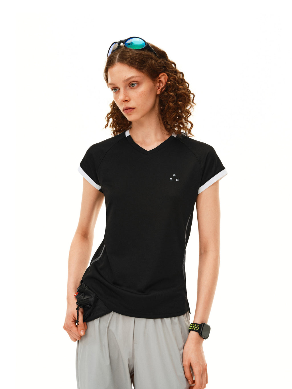 FPA Women's Color-Block Racerback Short-Sleeve Top with Flutter Sleeves - Summer V-Neck Basic Tee in Black and White