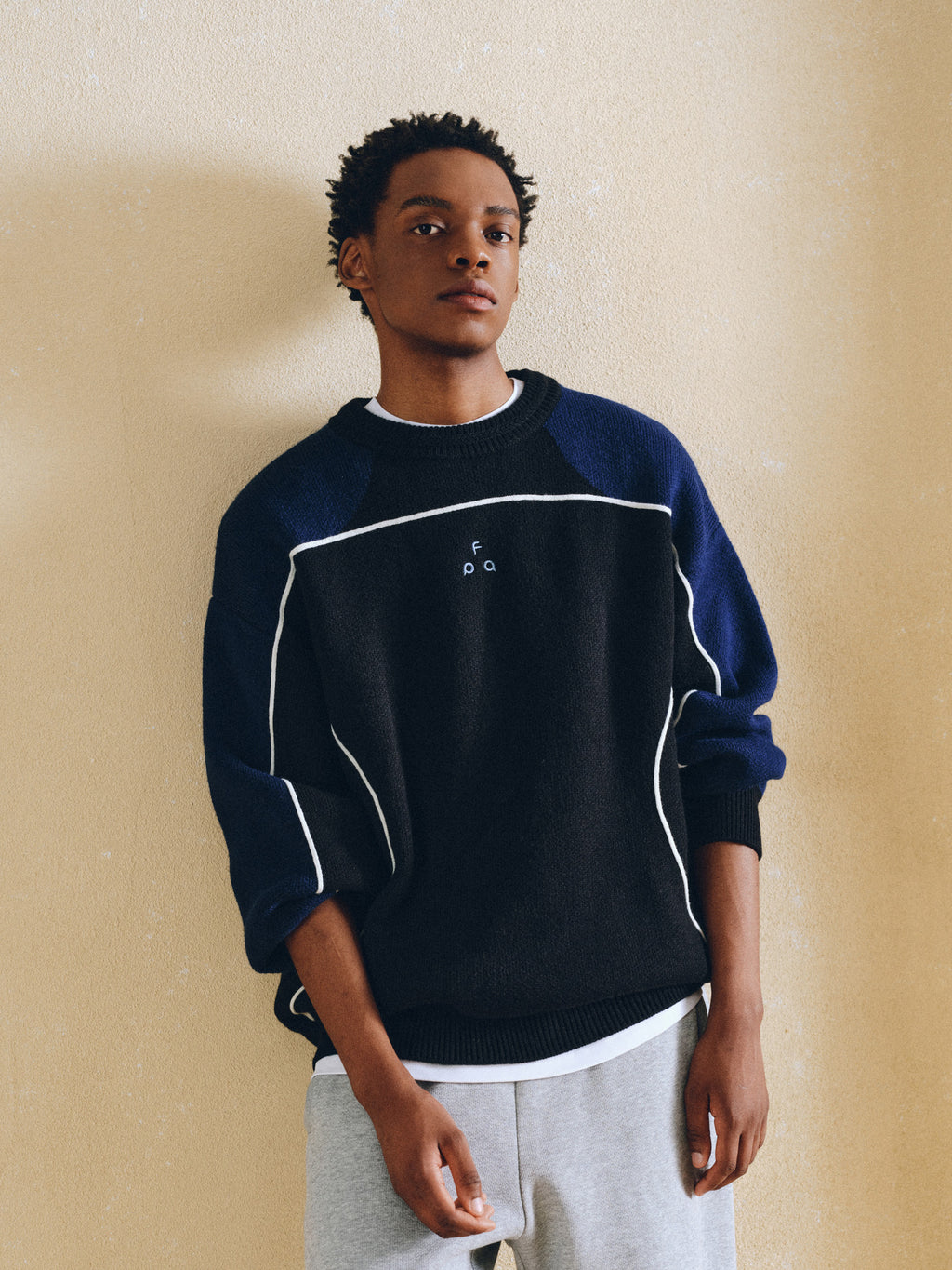 FPA Round Neck Anti-Pilling Contrast Logo Faux Mohair Sweater Vintage Patchwork Casual Couple Knit Top for Men
