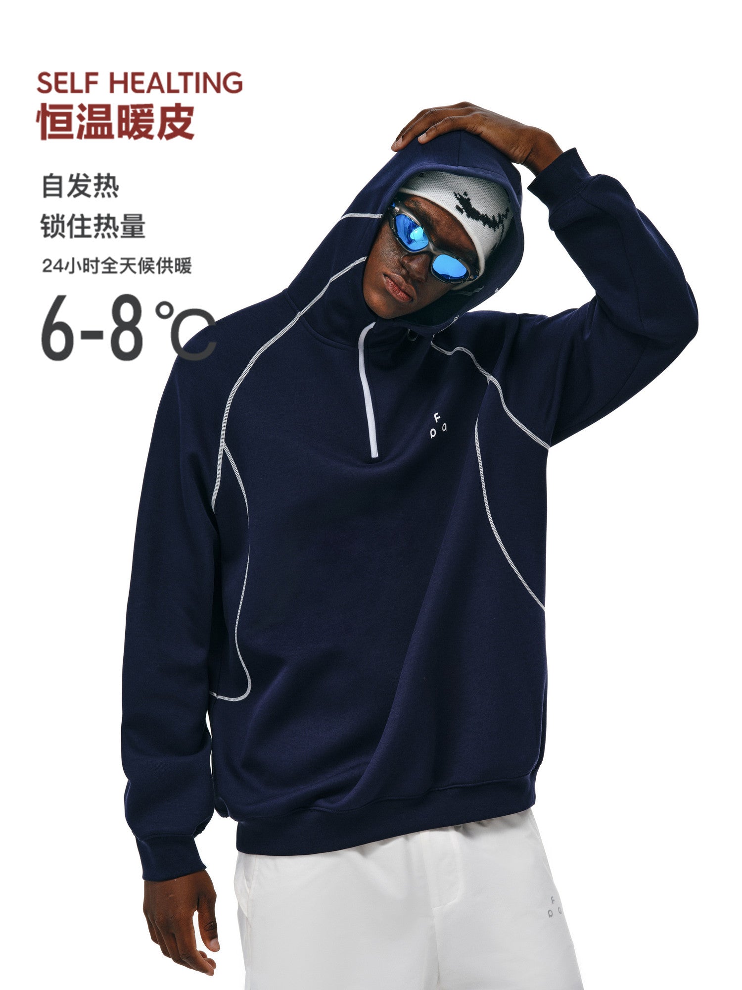 FPA Thermal Hooded Half-Zip Sweatshirt with Contrast Color - Chinese Streetwear Loose Fit Heavyweight Couple Hoodie