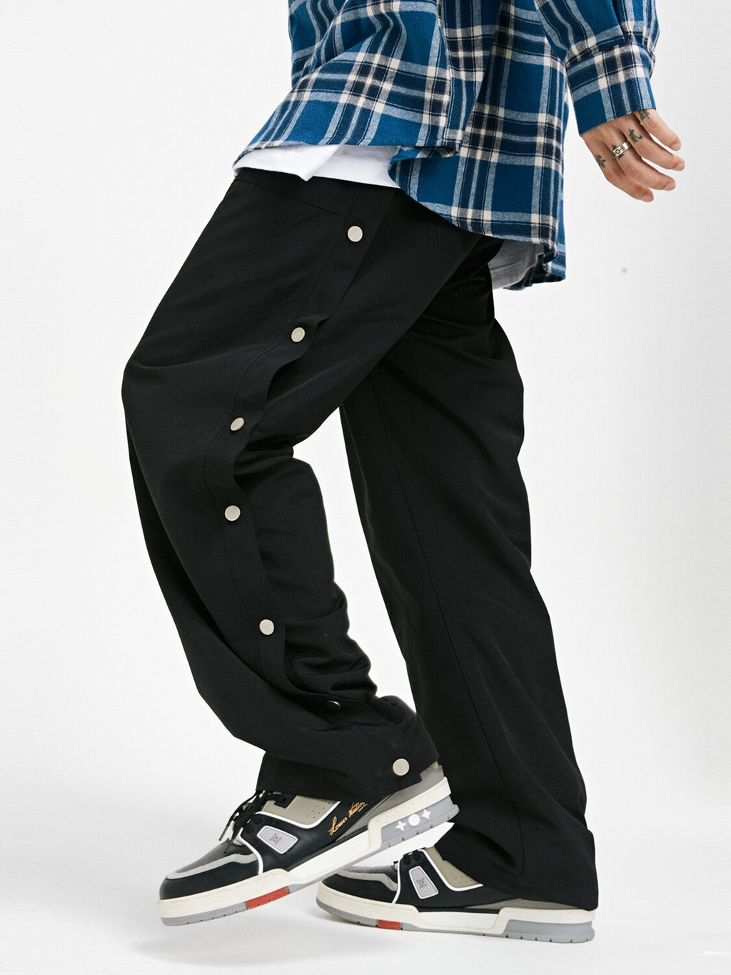 FPA Streetwear Spring/Fall Loose-Fit Straight-Leg Button-Front Casual Pants for Men, Black, American Style
