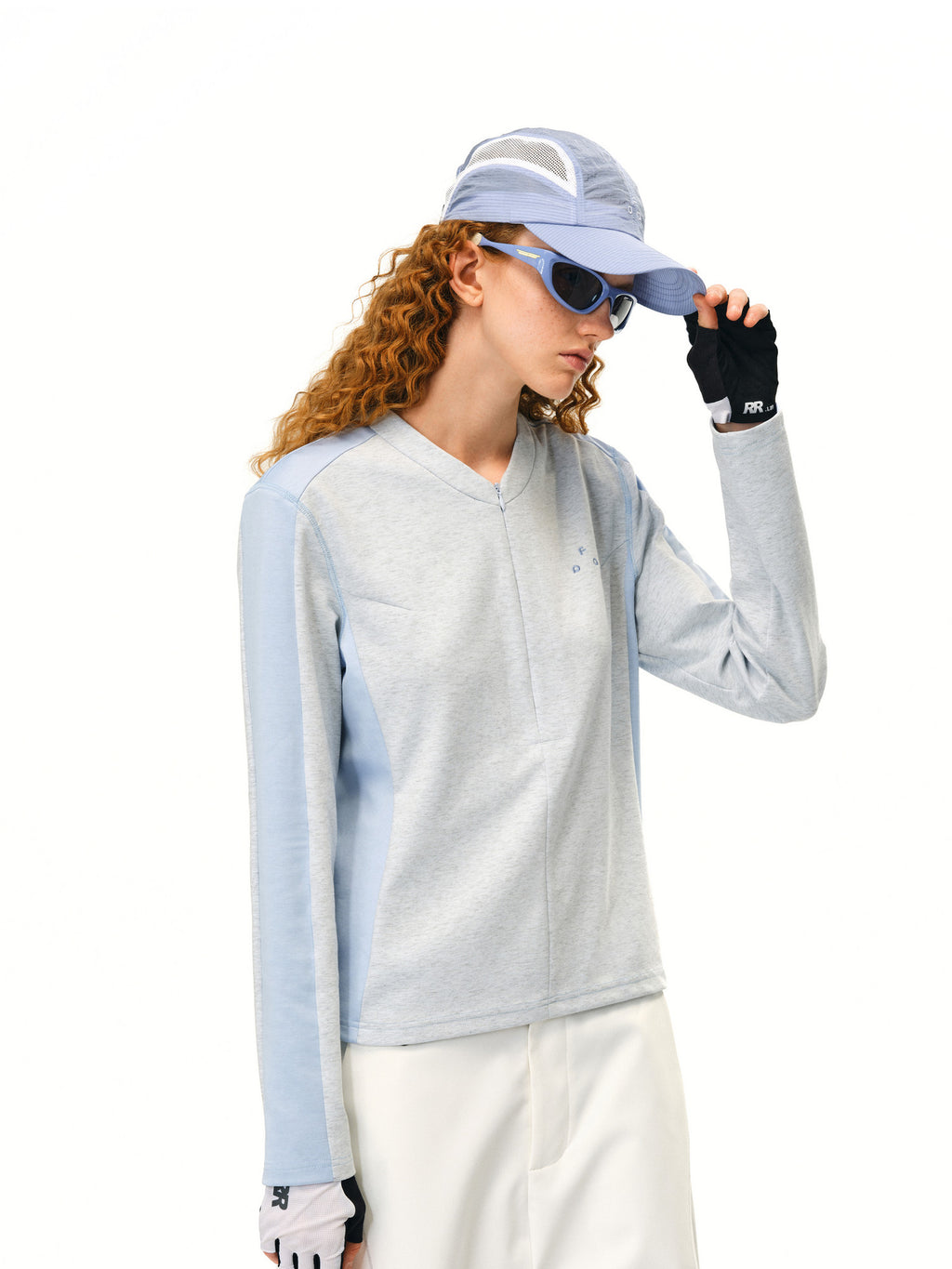 FPA 10A Antibacterial Color-Block Casual Knit V-Neck Long Sleeve Heavyweight Half-Zip T-Shirt for Women