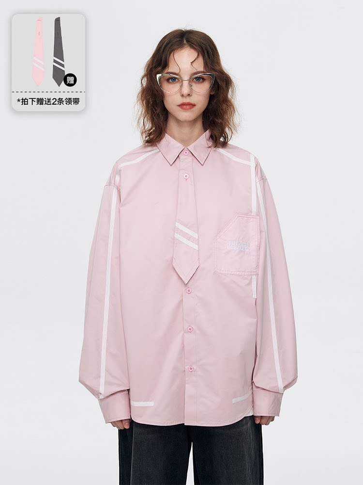 FPA Webbing Patch Fake Tie Long-Sleeve Shirt 2023 New Spring/Autumn Chinese Streetwear Loose-Fit Men's Shirt