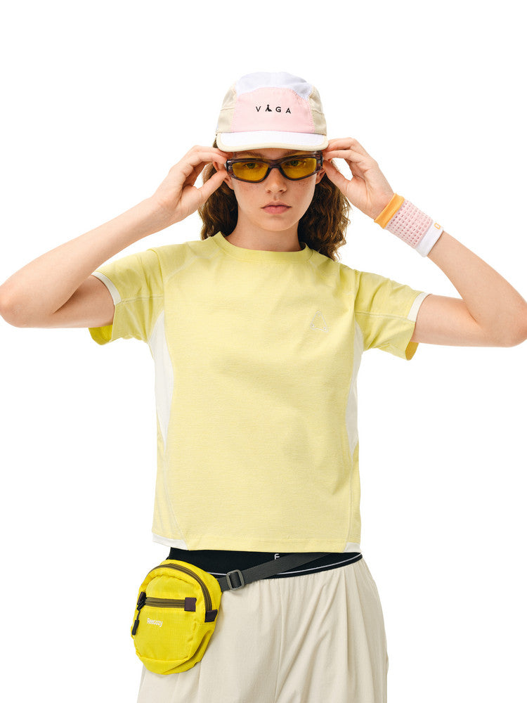 FPA Hasu Sports Panel Short Sleeve T-Shirt - Chinese Streetwear Summer Round Neck Slim Fit Retro Casual Contrast Color Tee for Women
