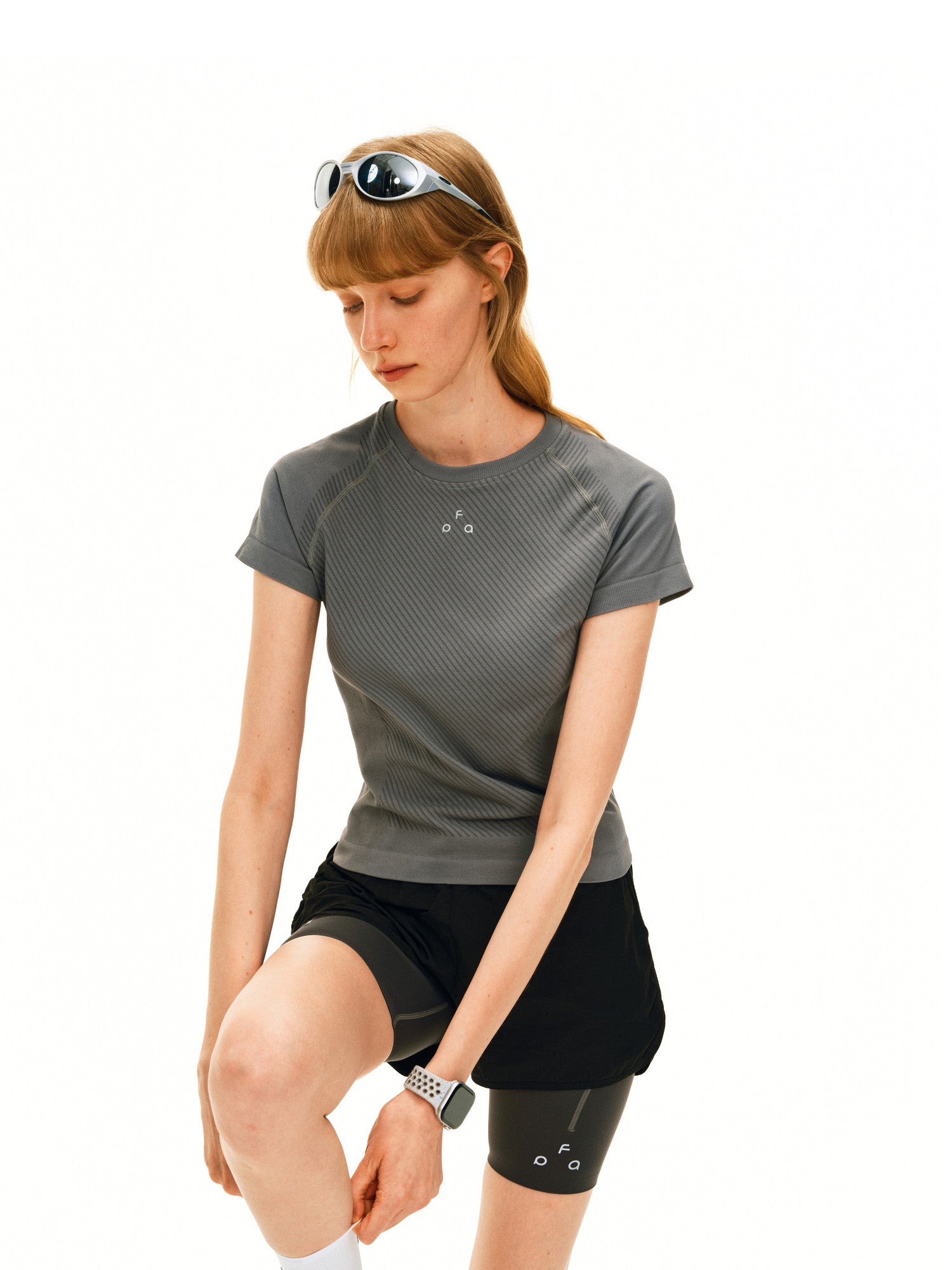 FPA Women's Round Neck Seamless Knit Short Sleeve T-Shirt - Basic Logo Casual Slim Fit Summer Tee