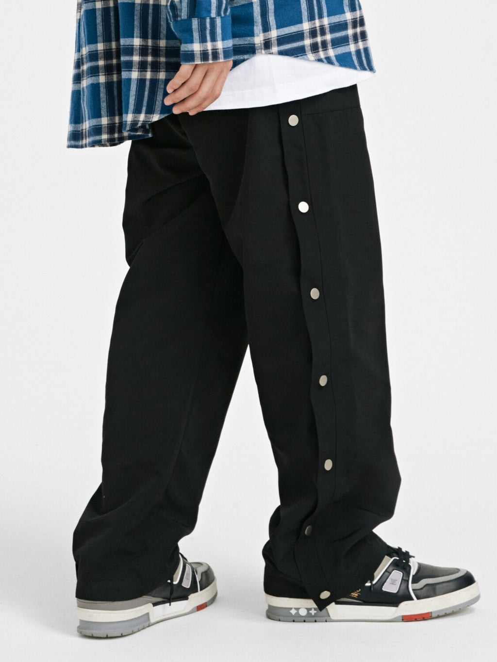 FPA Streetwear Spring/Fall Loose-Fit Straight-Leg Button-Front Casual Pants for Men, Black, American Style