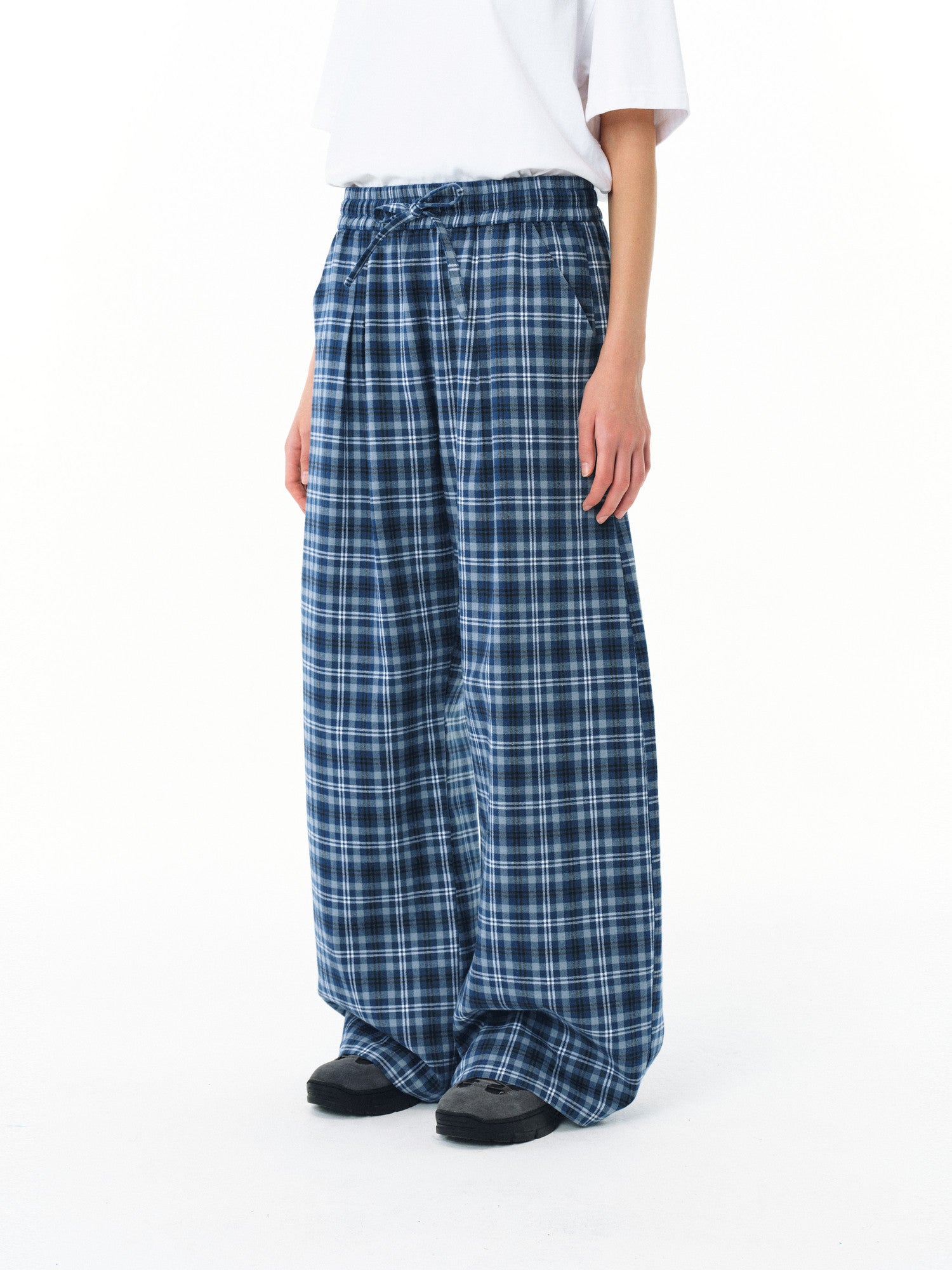 FPA A-Line Wide-Leg Plaid Casual Pants – Chinese Streetwear Trend, Loose-Fit Blue Long Pants