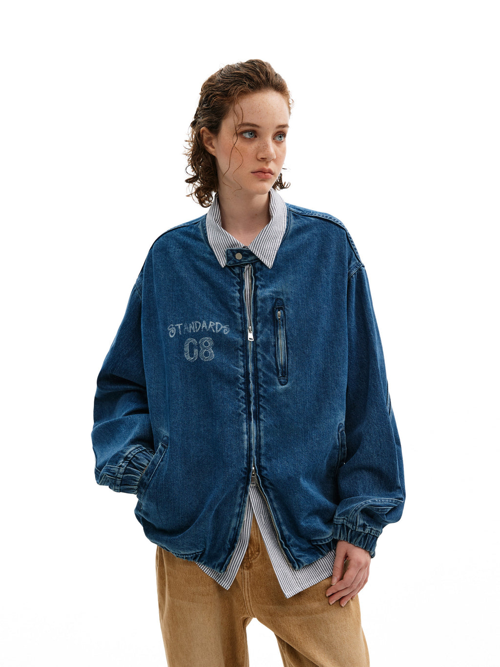 FPA Washed Denim Harrington Jacket - Chinese Streetwear Trend Short Couple Style Loose Design Casual Outerwear