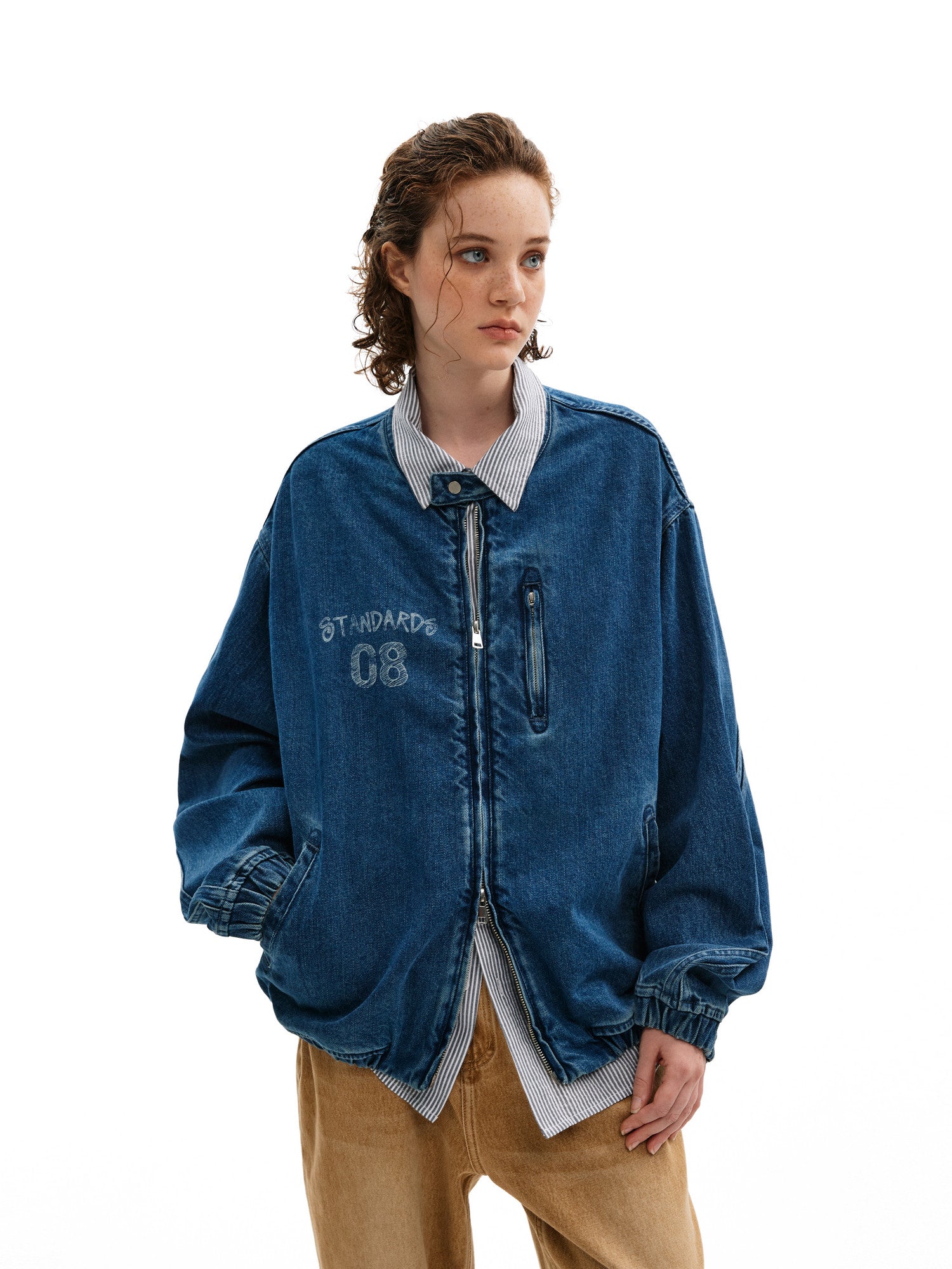 FPA Washed Denim Harrington Jacket - Chinese Streetwear Trend Short Couple Style Loose Design Casual Outerwear
