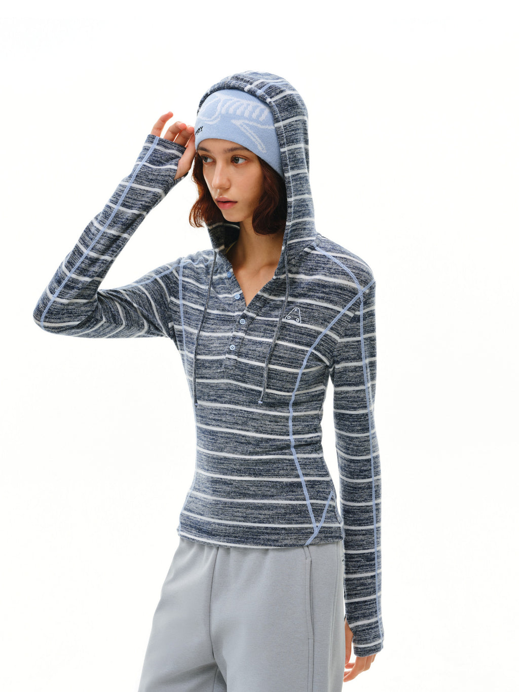 FPA Color-Block Halsey Line Henley Collar Striped Hoodie - Fall Casual Slim Fit Premium Feel Women's Hooded Sweatshirt