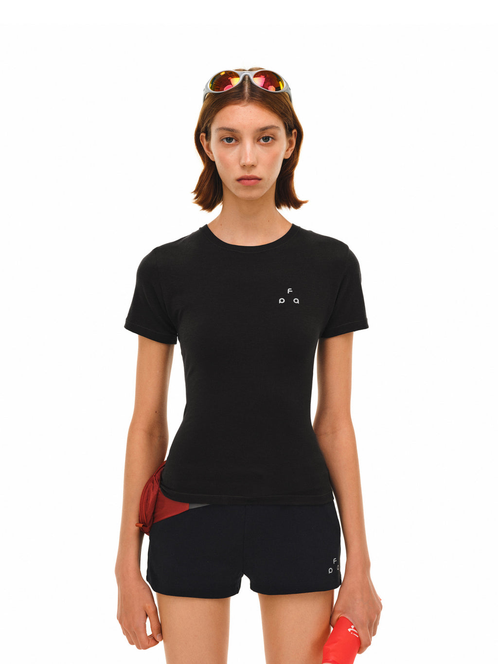 FPA7A Antibacterial Logo Stretch Crew Neck T-Shirt for Outdoor Sports, Slim Fit, Basic Layering, Short Sleeve for Women