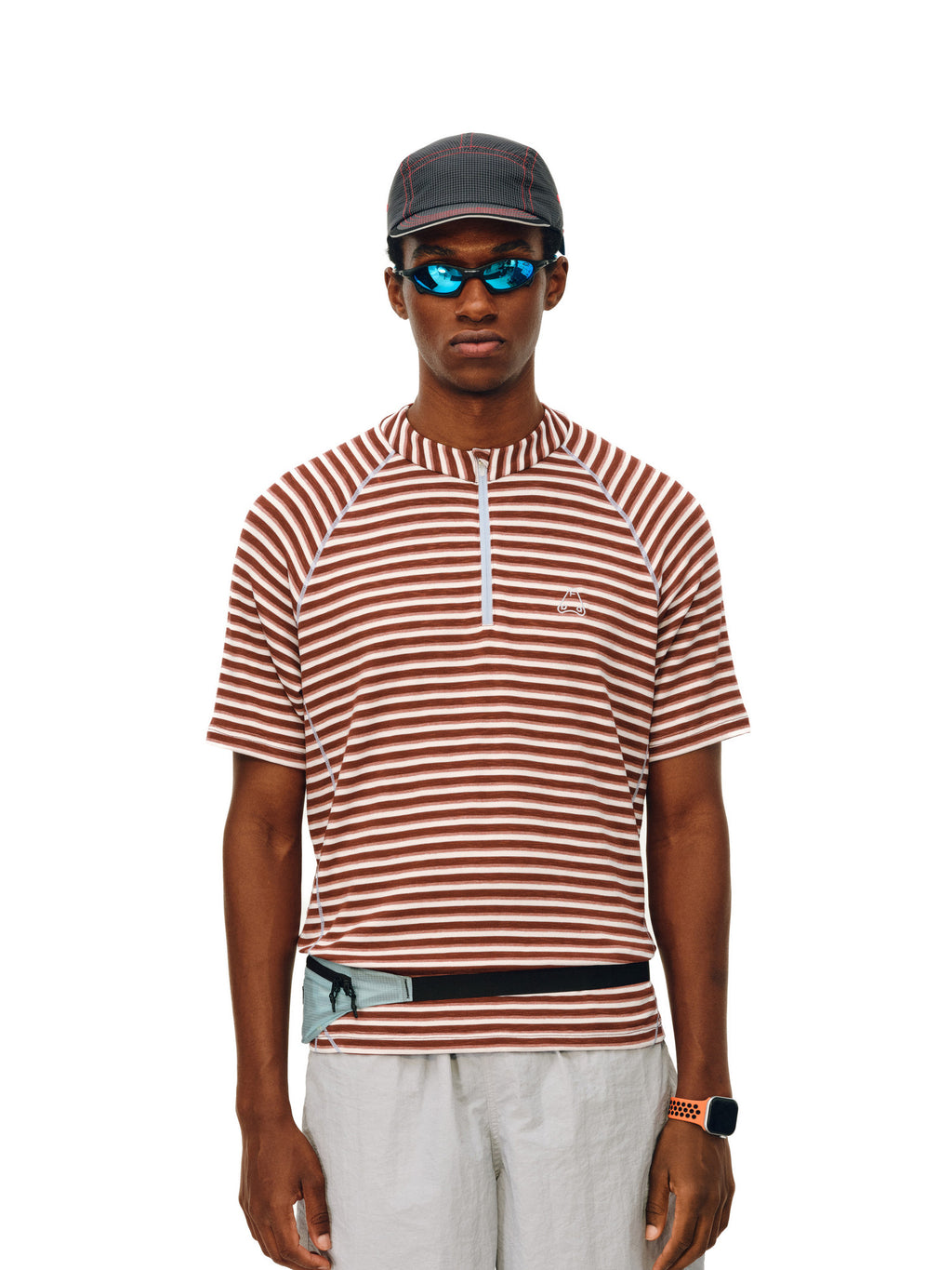FPA Sports Knit Striped Short Sleeve T-Shirt with Contrast Half-Zip and Hacci Line, Casual Couple Style Summer Tee for Men
