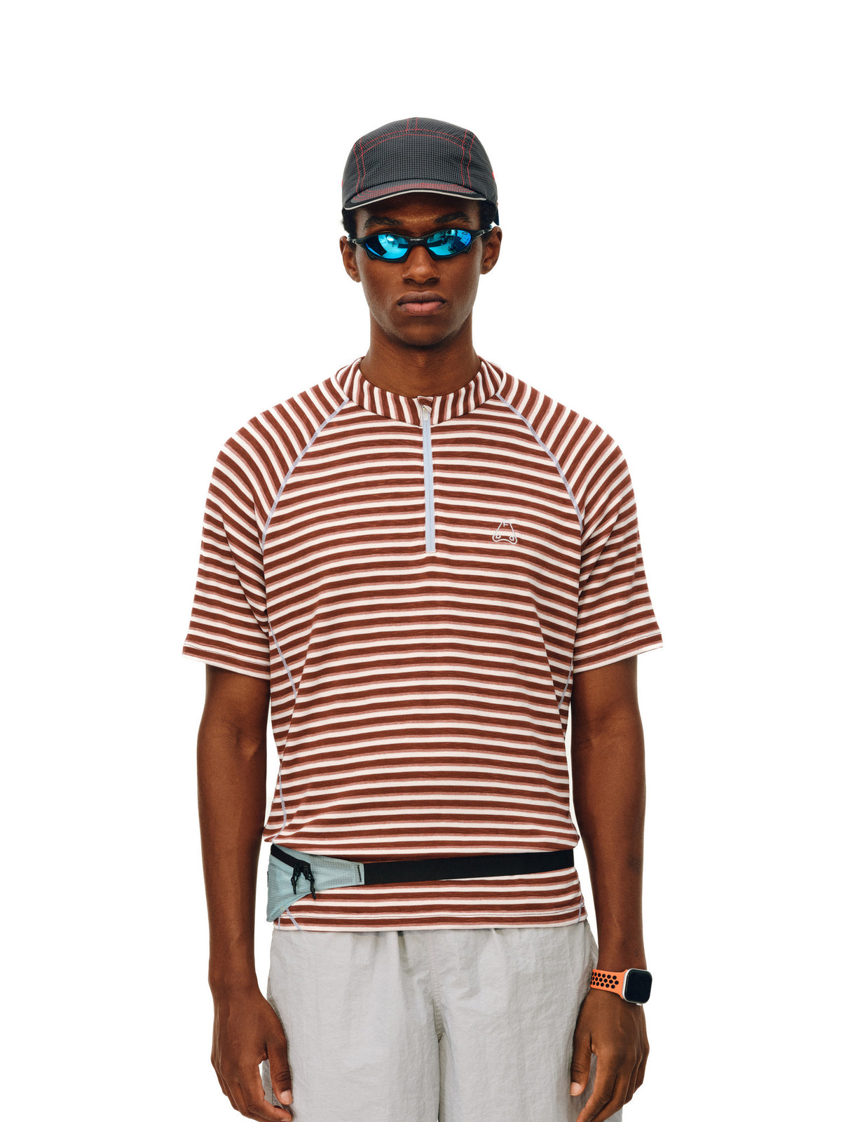 FPA Sports Knit Striped Short Sleeve T-Shirt with Contrast Half-Zip and Hacci Line, Casual Couple Style Summer Tee for Men