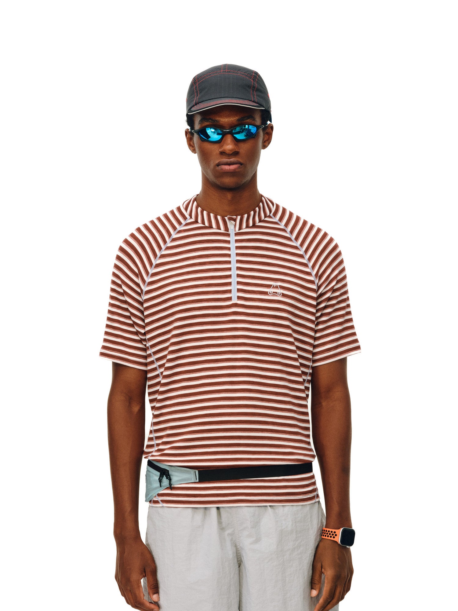 FPA Sports Knit Striped Short Sleeve T-Shirt with Contrast Half-Zip and Hacci Line, Casual Couple Style Summer Tee for Men