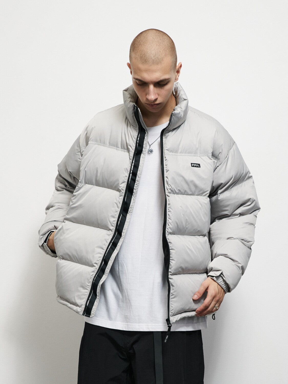 FPA Chinese Streetwear Stand Collar Down Jacket for Men - Lightweight Puffer Coat, Loose Fit, Winter Warm Black Outerwear