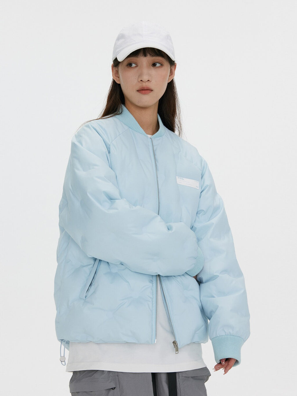 FPA Light Blue Quilted Baseball-Style Down Jacket – Chinese Streetwear Couple's Winter Thickened Short Coat for Men