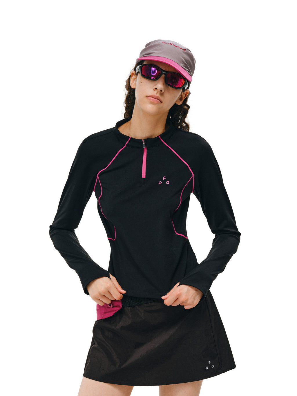 FPA Color-Block Contrast Stitching Long-Sleeve Sports T-Shirt for Women, Outdoor Casual Half-Zip Cropped Slim Fit, Spring/Fall, Chinese Streetwear