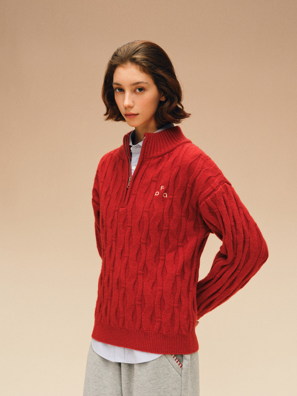FPA Zip-Up Half-Zip Cable Knit Pullover Sweater - Chinese Red Couple Knitwear for Spring, Year of the Horse