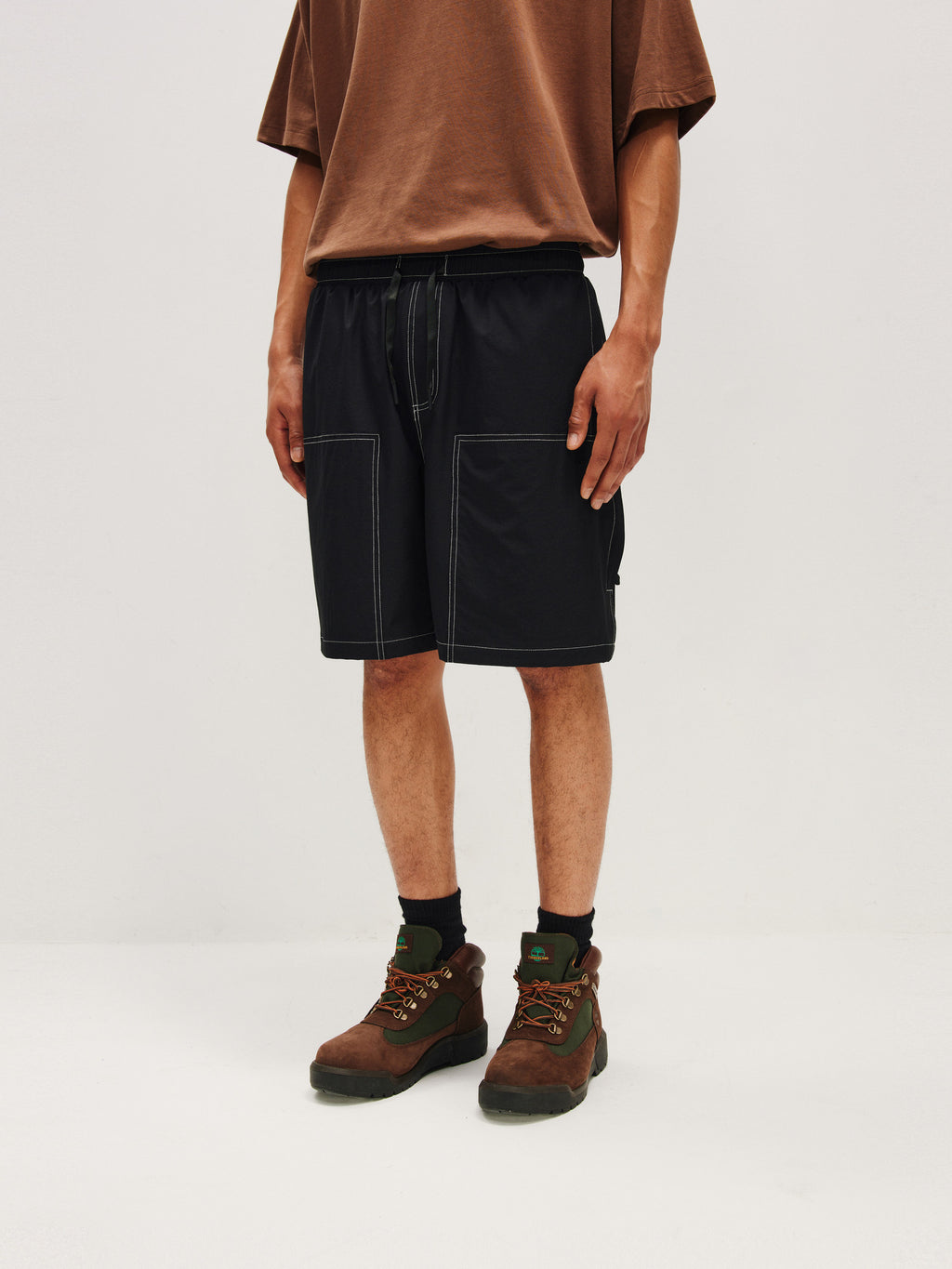 FPA Water-Repellent Woven Shorts with Visible Stitching – Summer Loose-Fit Straight-Leg Casual Mid-Length Shorts in Black