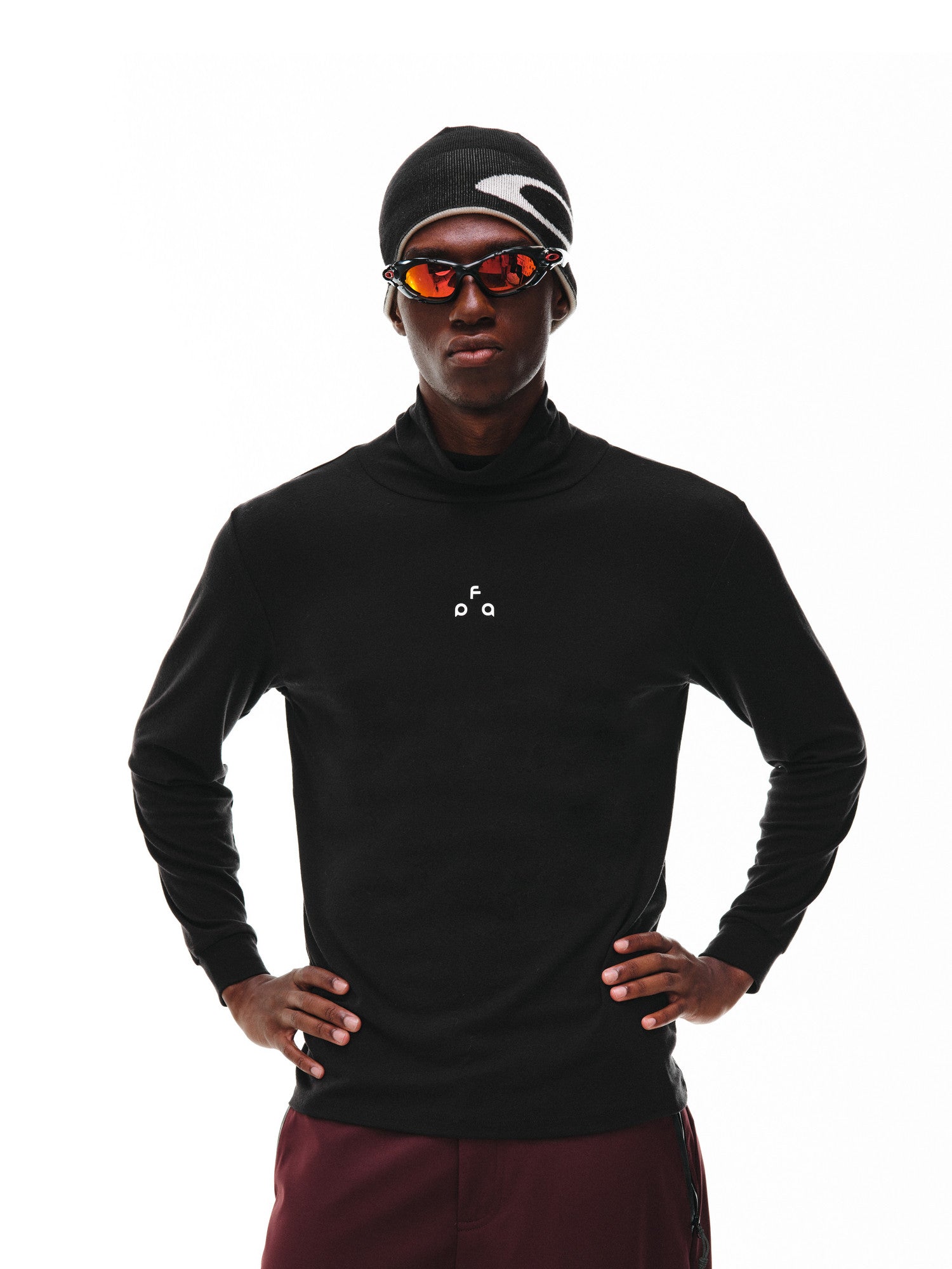 FPA Wool High Neck Long Sleeve Base Layer with Triangle Logo - Spring/Fall Basic Logo Casual Inner Wear Black T-Shirt