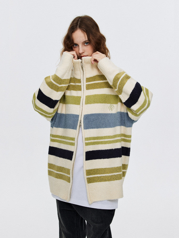 FPA Striped Contrast Color Cardigan Sweater Autumn Double Zipper Chinese Street Style Loose Casual Relaxed High Collar Coat