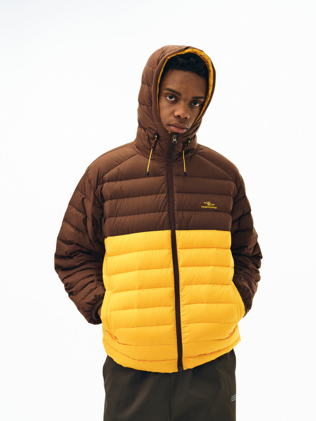 FPA Three-Proof Color-Blocking Lightweight Hooded Down Jacket with 90% White Duck Down, American Retro Autumn/Winter Patchwork Down Coat