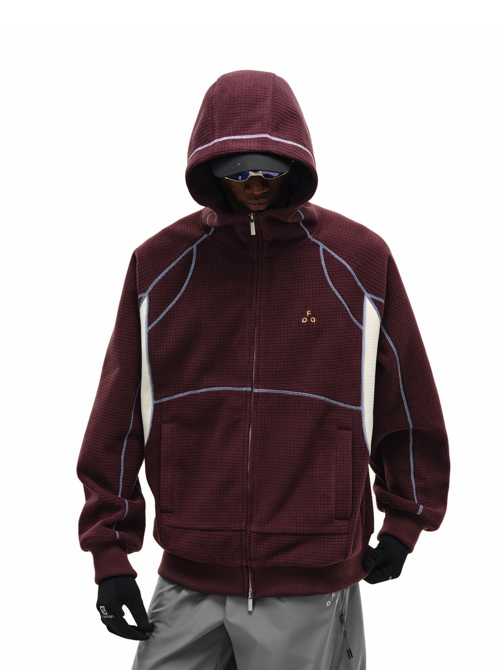 FPA Color-Block Contrast Stitch Grid Fleece Zip-Up Hoodie – Relaxed Retro Sweatshirt for Spring