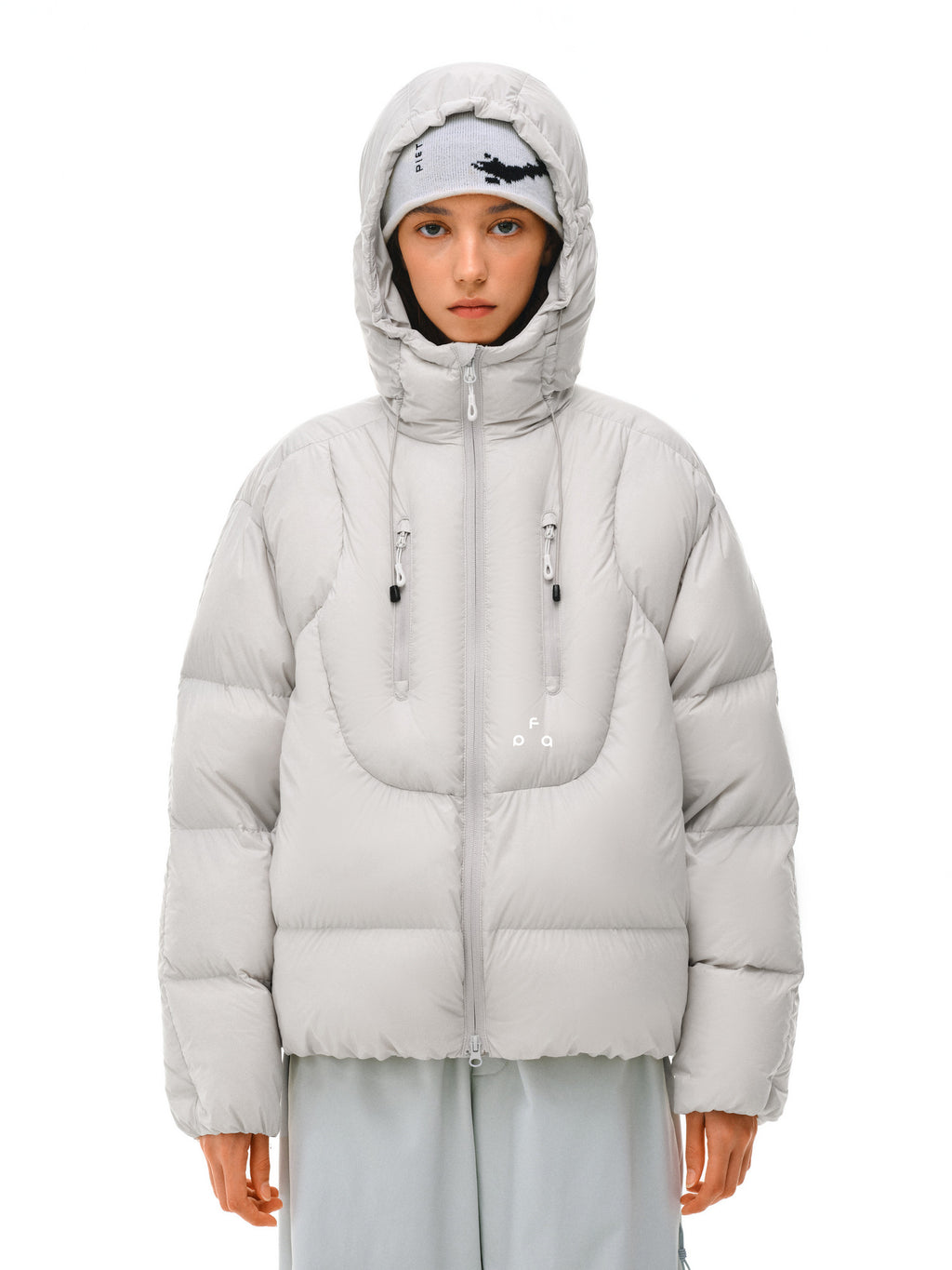 FPA Double-Zip Hooded Down Jacket with Structured Silhouette, Winter Warm 90% White Duck Down, Couple Style in Gray-White